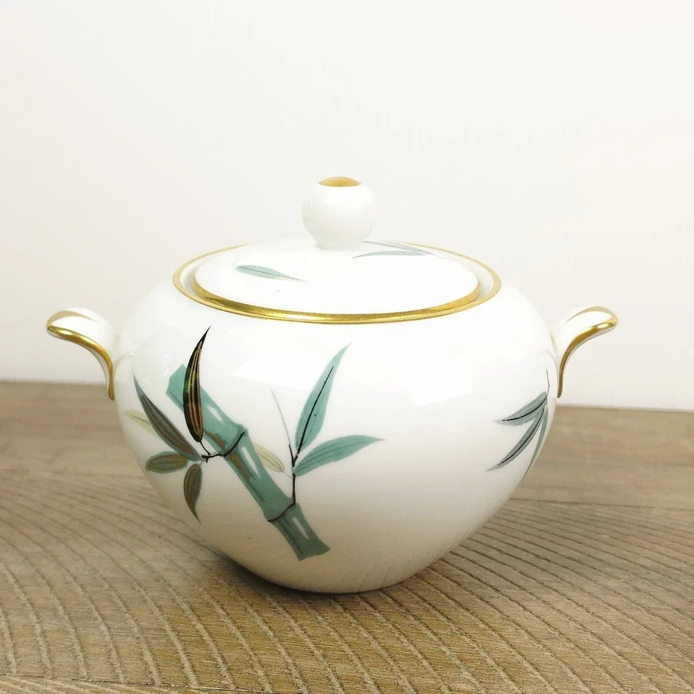 Noritake China 5540 Sugar Bowl‎ and Creamer Teal Bamboo Black Gold Leaves